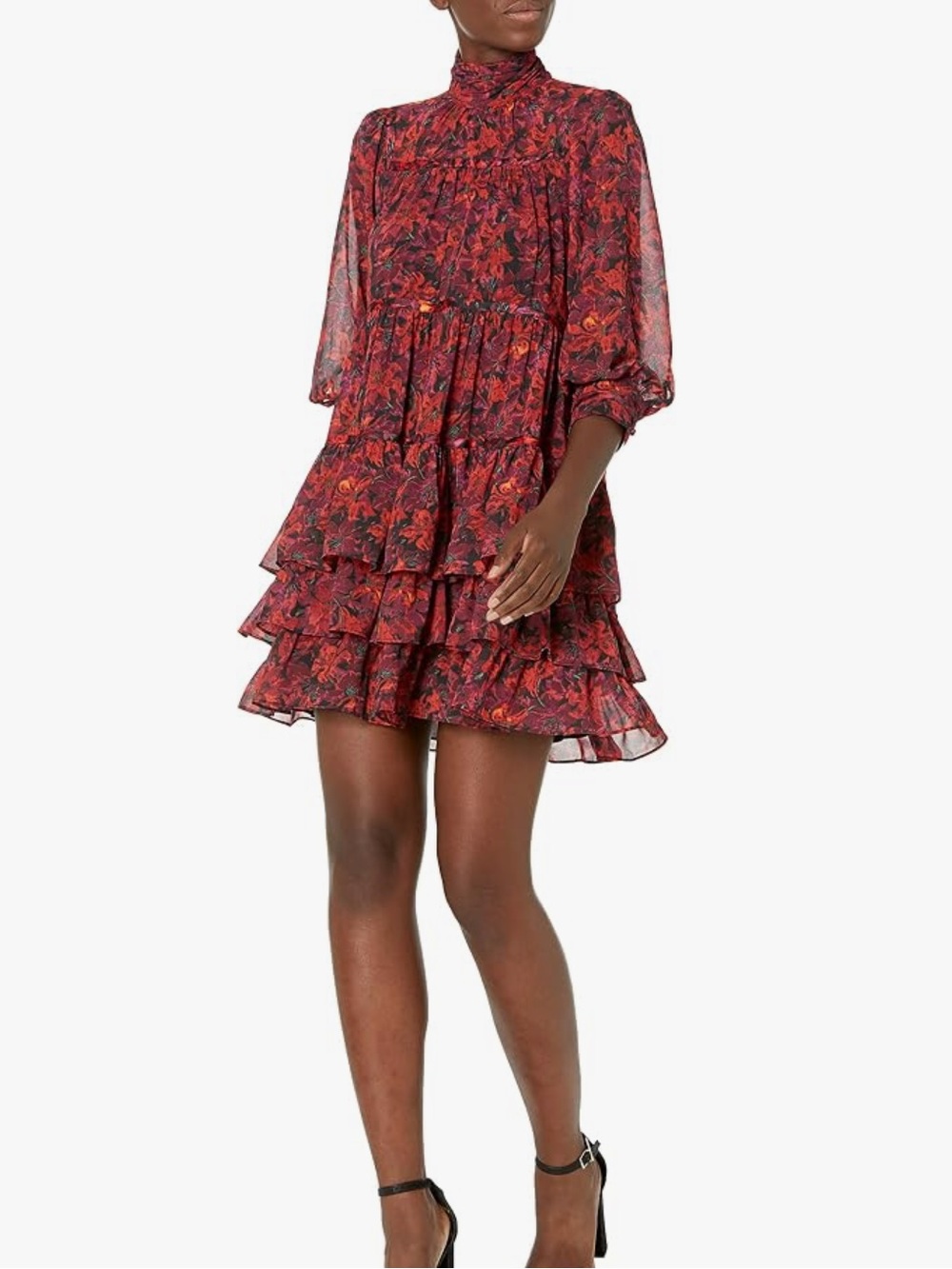 Cinq à Sept Drew High Neck Tiered Floral Mini Dress Red Black Size 12